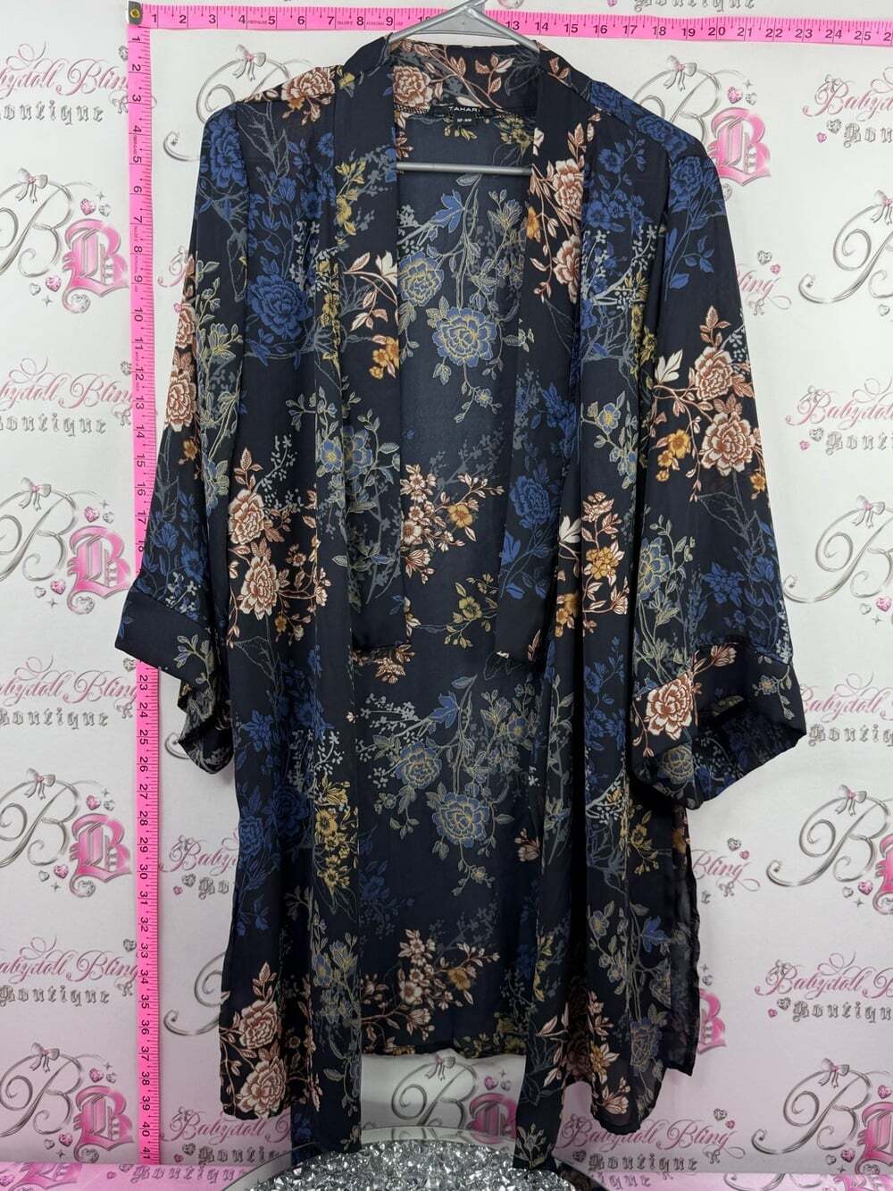 Tahari cardigan flowy Black Floral Kimono Robe with Blue & Tan Blooms